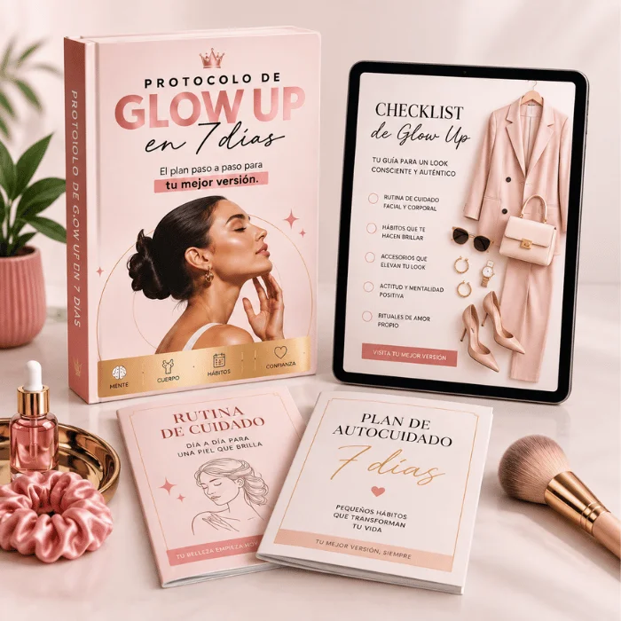Kit del Protocolo de Glow Up en 7 días: libro principal, tablet con checklist y cuadernos de rutina sobre fondo claro