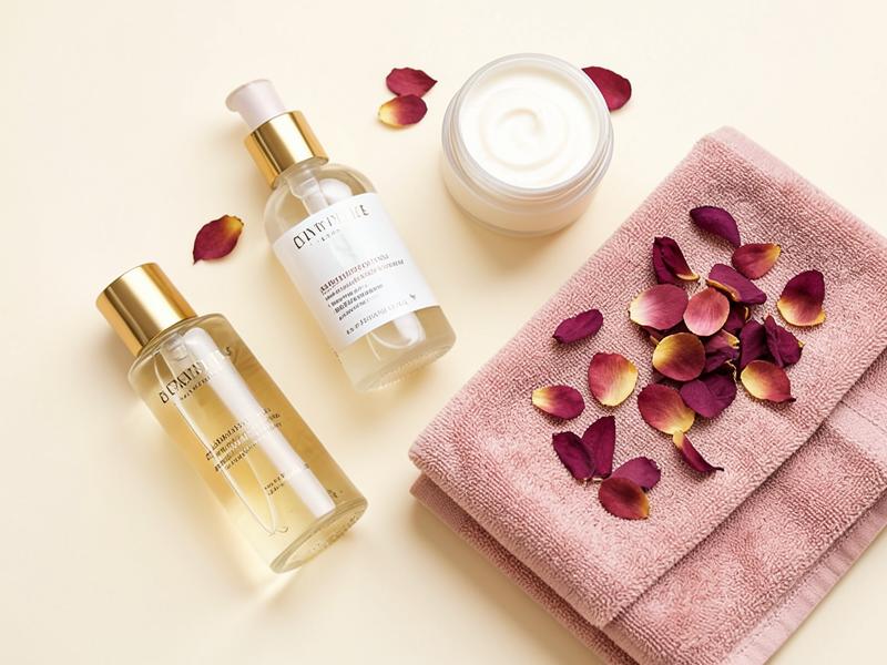 Productos de cuidado facial y toalla con pétalos de rosa