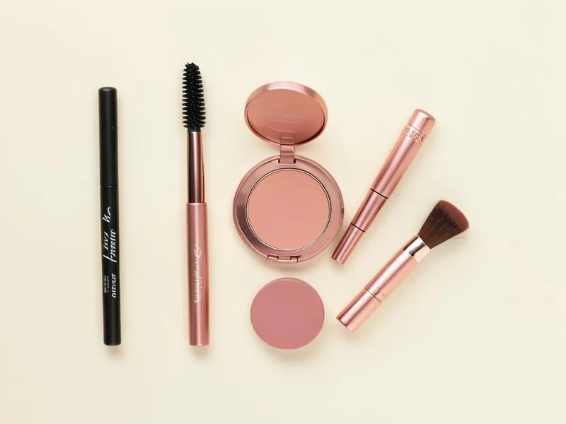 Kit mínimo de maquillaje en tonos rosa dorado