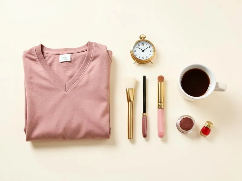 Escena de rutina matutina con reloj, ropa doblada y esenciales