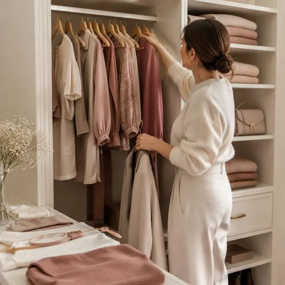 Mujer organizando prendas y combinaciones en su clóset